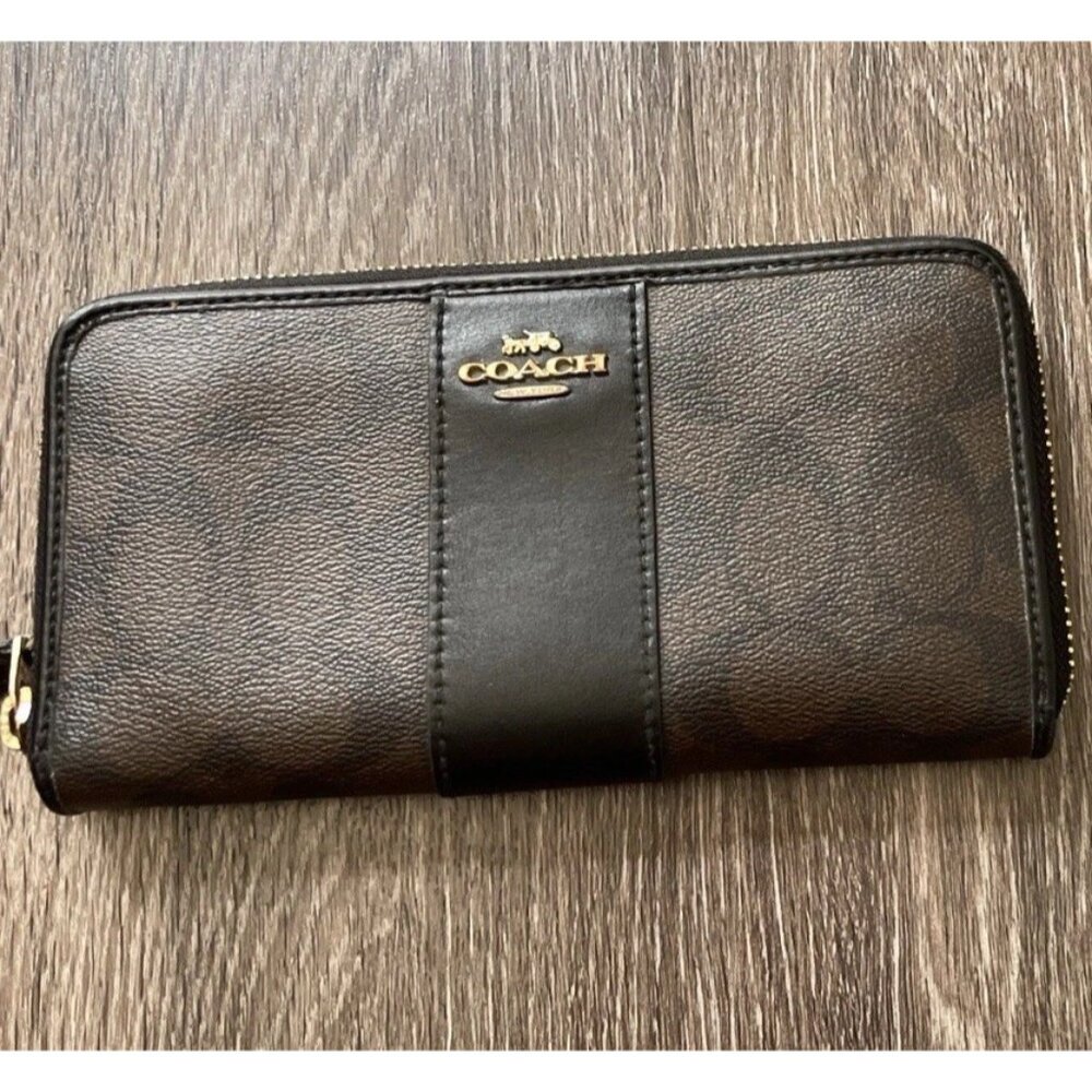 Coach Long Zip Around Wallet In Signature Canvas Brown Black Gold Tone Hardware